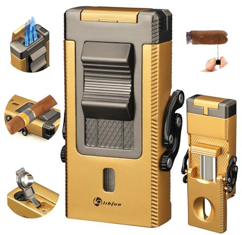 LIHTUN Zigarrenanzünder, All-in-One-Fackelfeuerzeug, integrierter Zigarrenhalter, Zigarrenzugverstärker, Zigarrenstanzer, Butanfeuerzeug mit klappbarem V-förmigem Zigarrenschneider (Gold)