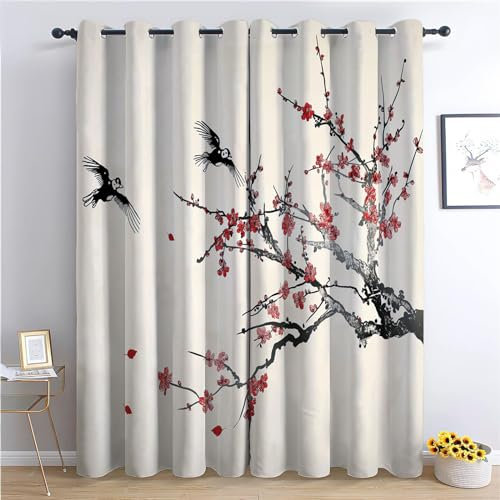 CozyRest Kinder Vorhänge Tuschemalerei Blühende Pflaumenblüte Tier Vogel Ösen Gardinen mit Blickdichte Vorhang Kälteschutz Blackout Curtain Kinderzimmer Schlafzimmer Chinesischer Malstil Cremefarbe