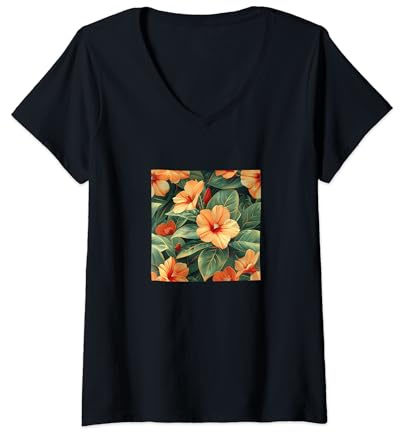 Womens Oleander Flower Pattern Graphic V-Neck T-Shirt
