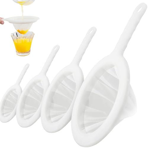 Votoko 4 Stück Nylonsieb Sieb Filter, Sieb Fein Mit Griff, 400/300 /200/100 Mesh Küchensieb Kunststoff, Kleines Passiersieb, Passiersieb die Filterung von Saft Milch Sojamilch und Wein Kaffee