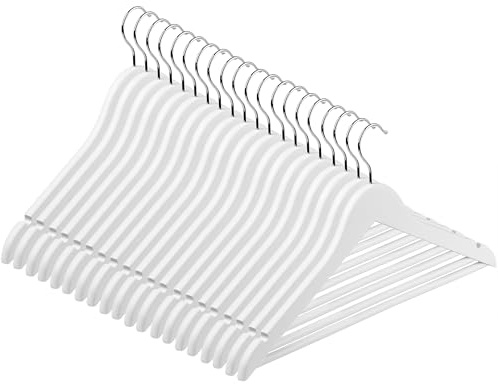 Hardys White Wooden Coat Hangers - Sloped with Notches, Trouser Bar & 360° Rotating Hook - Wardrobe Space Savers, Hangers for Clothes - For Coat, Jacket, Suit, T Shirt (20 Pack)