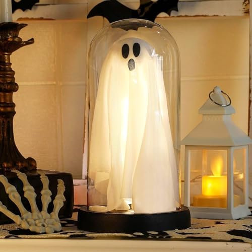 HUIKUANGEU Leuchtender Geist in Glasglocke,Geist Nachtlicht in Glasglocke,Halloween Deko Innen Geist Nachtlicht Batteriebetrieben,für Halloween Tischdeko,Party Deko