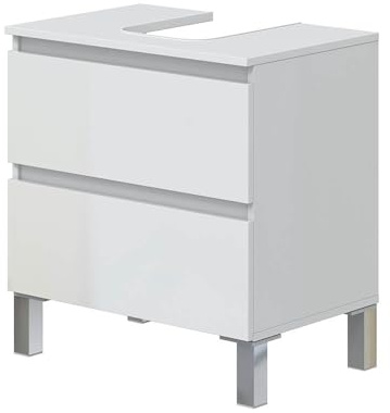 möbelando Waschbeckenunterschrank >DESTAL< Der Moderne Schrank DESTAL in glänzendem Weiß misst 60 cm Breite, 64 cm Höhe und 40 cm Tiefe. Er verfügt er über 2 Schubladen auf stabile Aluminiumfüße