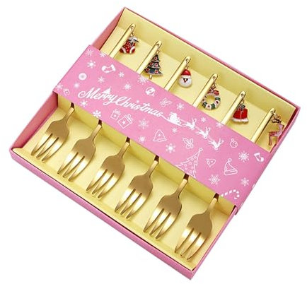 Qianly Set de 6 Tenedores de Acero Inoxidable para Postres, Utensilios Navideños, Oro, tal como se describe