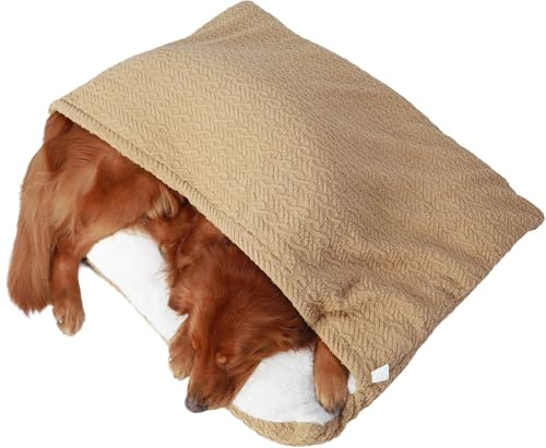 Cama Calmante Perro con Manta, Cama Ortopédica Perro/Gato con Capucha, Sacos de Dormir del Perro Extraíble y Lavable, Suave Fuzzy Cómoda Cama Perro Sofá para Mascotas Pequeñas y Medianas(Beige,50x40x1