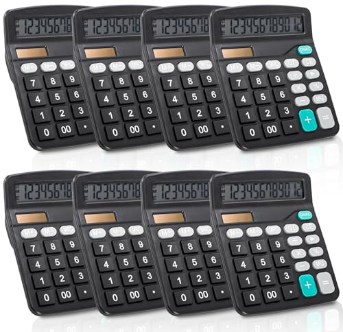 Noamus 8 Pack Desktop Calculator 12 Digit, Solar Battery Basic Calculator, Dual Power Electronic Calculators with Large LCD Display, Sensitive Button Handheld Calculator for Office Home School, Black