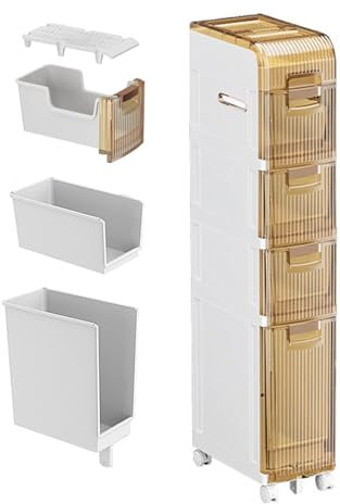 Schmaler Badezimmerschrank mit 4 Ebenen, wasserdichter Kunststoff-Seitenschrank mit Schublade, schmaler Aufbewahrungsschrank mit Rollen, großer Küchenspalt, platzsparend.