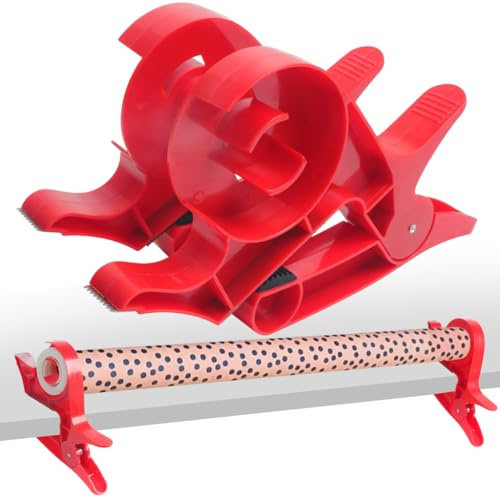 HTHL Wrapping Paper Cutter, Tabletop Gift Wrapping Tool, Wrap Holder Clamp With Tape Dispenser for Birthdays Christmas Packaging (Red)