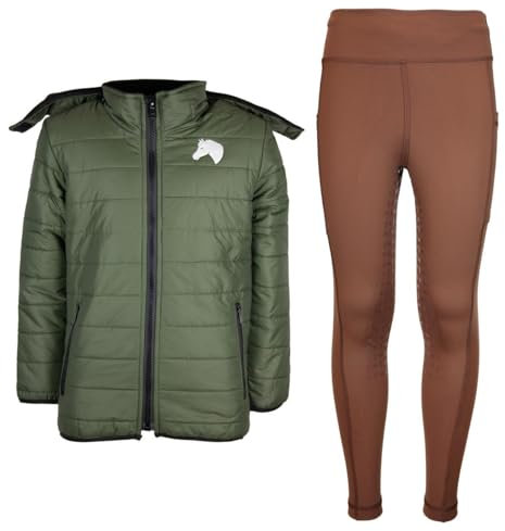 MS-Trachten Reitset Winter Kinder Reitjacke Moni Oliv gesteppt mit Reitleggings Amy Braun (146/152)