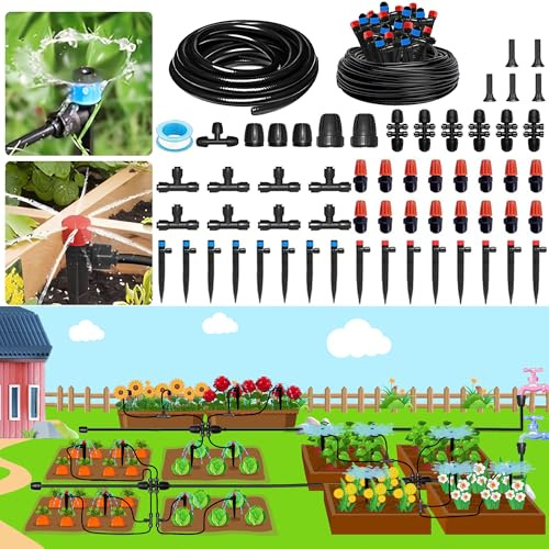 230FT Automatic Watering System for Outdoor Plants, Quick-Connect Garden Drip Irrigation Kits with 1/2 & 1/4, Adjustable Nozzles & Sprinklers for Greenhouse, Raised Bed, Lawn, Potted Plants