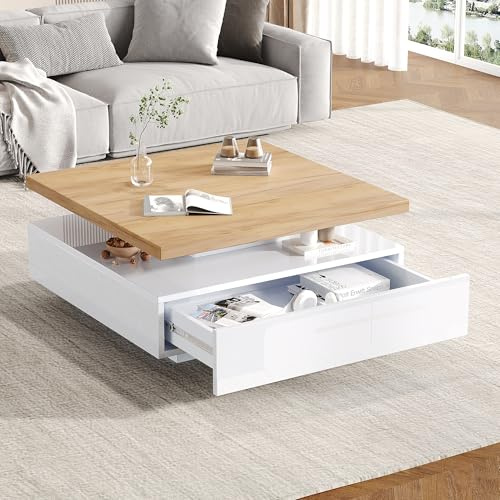 Marooma - mesa de centro cuadrada de salón, blanca brillante giratoria de 360 °, mesa de comedor moderna con cajones de almacenamiento, auxiliar de nogal