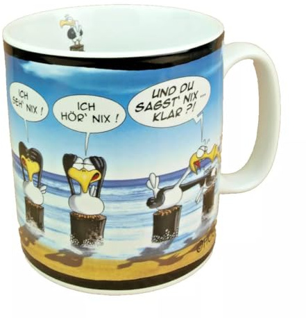 Großer Kaffeebecher - Ich seh nix - Becher Tasse Maritim Porzellan 500ml Möwe auf Poller Meer Moin Jumbotasse