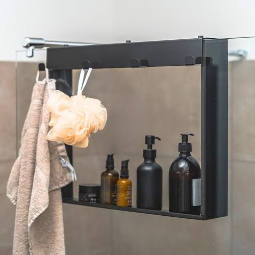 ELMOWO - Mensola doccia in acciaio inox da appendere senza forare per la porta in vetro/vetro - Mensola doccia da appendere con 4 ganci - Mensola per parete in vetro come cestino doccia e organizer