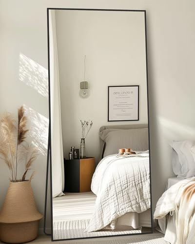 Coomily Full-Length Floor Mirror with Stand, 58x18 Rectangle Style Full Body Standing Mirror for Bedroom, Living Room, Gym, Dorm - Shatter-Resistant & Easy Assembly, Black