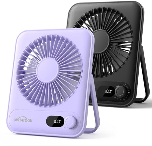 WHATOOK USB Ventilator Leiser 2 Stück: Stufenlos 1-100 Regler, 2000mAh Akku Tischventilator mit LED-Anzeige, Tragbarer Mini Ventilator für Tisch Schreibtisch Büro Zuhause Schlafzimmer