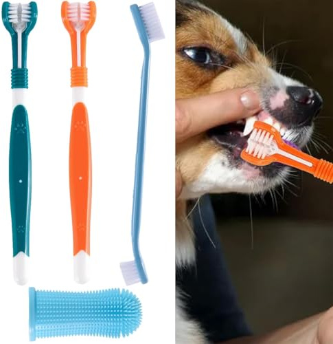 Hundezahnbürsten Set, 2 Pack Dreifach-Köpfe Hundezahnbürsten mit 4 Stück Fingerzahnbürsten, 360°Silikon Haustier Fingerzahnbürste, für Kleine, Mittelgroße und Große Haustiere