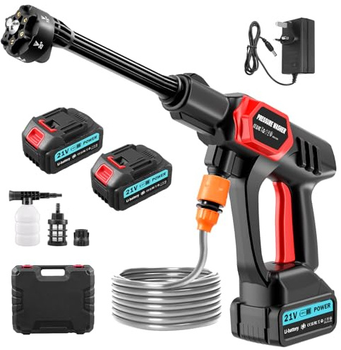 Worshow Idropulitrice a Batteria, 21V 80 Bar Idropulitrice Portatile con 2 x 3000mAh Batterie, Ugello 6 in 1 & Tubo da 5m per Pulire Pavimenti, Auto, Giardini