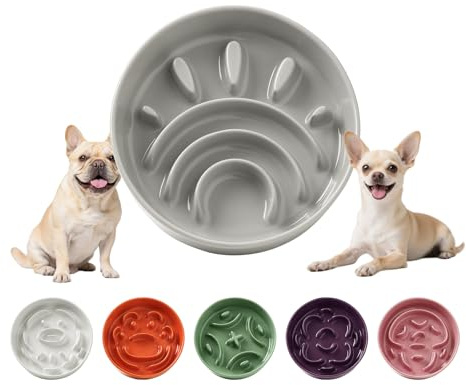 Comedero Perro Antivoracidad Ceramica - Plato Comida con Laberinto para Alimentación Lenta - Cuenco para Perros Pequeños - 80 g - 16 cm - Gris