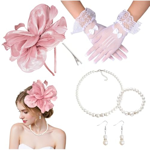 ASFWAGQ Fascinator Hüte für Damen Tea Party Kopfbedeckung Vintage Stirnband mit Kurze Spitze Handschuhe Perlenaccessoires für Hochzeit Halloween Party