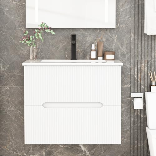 EROMMY 24 Inch Bathroom Vanity with Sink, Floating Bathroom Vanity with Ceramic Basin, Wall Mounted Bathroom Sink Cabinet Set with Soft-Close 2 Drawers, Faucet & Pop Up Drain, White