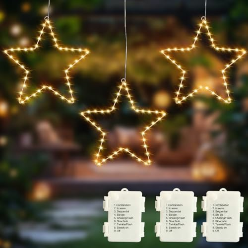 Hopelit 3 Stück LED Stern Fensterdeko Hängend 45 LED Lichterkette Innen Warmweiß Ramadan Deko Lichterkette Batterie 8 Modi IP44 Wasserdicht Lichtervorhang - Stern Vorhang Lichterketten