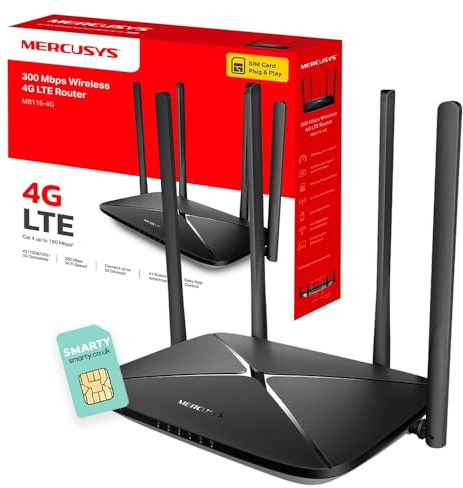 MERCUSYS MB115-4G 300 Mbps 4G Router With Sim Card, 4G/3G Compatible, Wireless LTE Cat 4 With WiFi Router Mode, SIM Slot, 4 External Antennas, Plug and Play, Connect up to 32 Devices, TP-Link