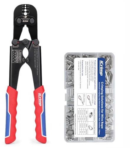 iCrimp Wire Rope Crimping Tool Kit with 330 Loop Sleeves and 45 Stainless Steel Thimbles, Built-in Cable Cutter, Heavy Duty Swager for Fishing, Cable Railing, Decking, and Outdoor Use