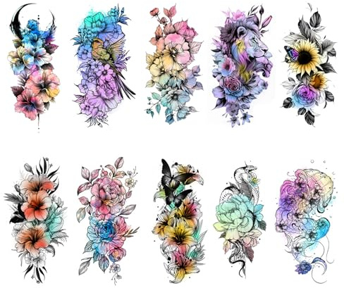 Qpout 10 Blätter Aquarell Temporäre Tattoos, 3D Ästhetisches Halbarm Tattoo Aufkleber, Schöne Realistische Große Bunte Florale Tier Temp Tattoos für Frauen Mädchen Erwachsene