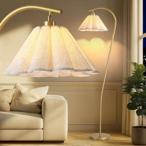 Omlaamy Floor Lamp with Pleated Linen Lampshade, Modern Flower Floor Lamp for Living Room Arc Standing Lamp, Gold Tall Lamp for Bedroom Office Dining Room, Bulb Included (Gold + Flax Color, 66.1IN)