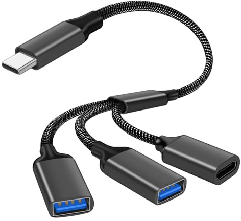 AXFEE Cable Divisor USB, Divisor Tipo C Macho a USB, Adaptador Convertidor 3 en 1 Hub, para i-Phone 15 16, Mac, iPad Air Mini, Galaxy S24 Ultra, Gris