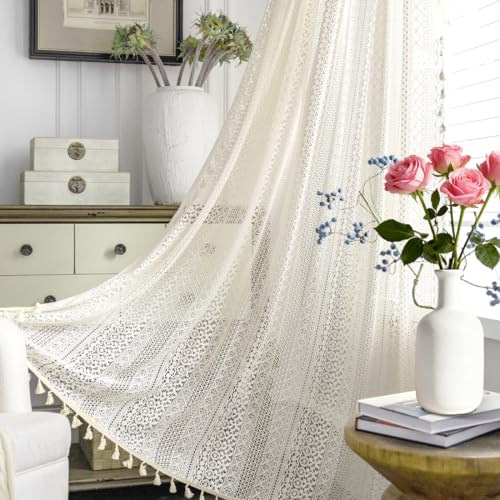Vintage Landhausstil Häkeln Stricken Vorhang Boho Bohemien, 2er Set transparent, dekorativ, Stickerei Quaste, Beige Vorhang Vintage für Wohnzimmer Schlafzimmer Vorhänge (150*160, Kupfermünzen)