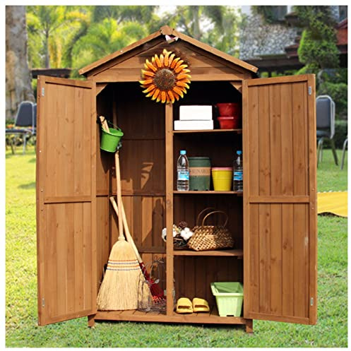 Banco de almacenamiento al aire libre, mesa de madera para macetas con estante extraíble, baúl de almacenamiento de jardín para patio, hogar, piscina, piel de jardín marrón
