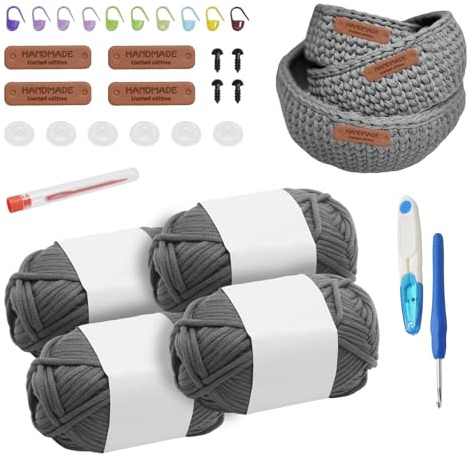 Hoypeyfiy Häkelset für Anfänger, enthält runde Korbmuster und Anleitungen, komplettes Set mit Häkelnadeln, Garn und Zubehör (Grau)