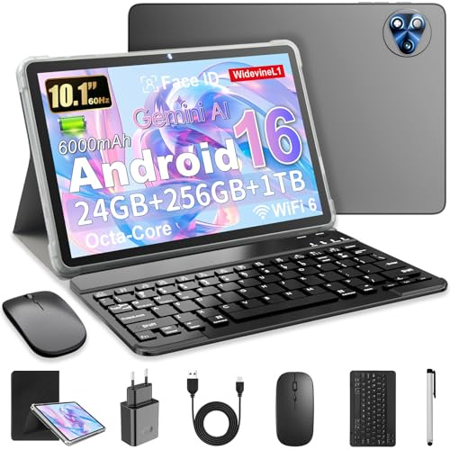 Android 16 Tablet 10 Pollici con Gemini AI, Tablet con Tastiera, Mouse & Stilo, Octa-Core, 24 GB RAM + 256 GB ROM + 1 TB TF, 1920x1200 Display HD, Fotocamera 8MP + 13MP, 6000 mAh (Funda Negra)
