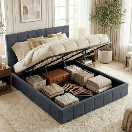 CLP Polsterbett mit Stauraum Ladia, Bettgestell für Matratzen, Lattenrost mit Lift-Mechanismus, Doppelbett mit Stoffbezug, bis 300 kg, Farbe:dunkelgrau, Größe:180 cm