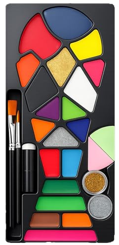 Professional Face Painting Kit, 20 Colors Washable & Safe Face Body Makeup Palette, Large Art Theater Makeup Set with Stencils, Skin-Friendly Faces Paint for Holiday & Sports Events, Stage