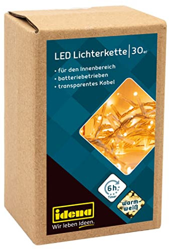Idena 8582074 - Guirlande lumineuse avec 30 LEDs en blanc chaud, avec minuterie de 6 heures, fonctionnant sur piles, pour une utilisation intérieure, comme décoration pour les fêtes, Noël, mariages