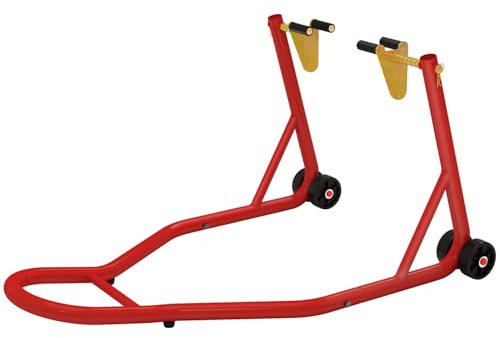 HOMCOM Caballete Elevador Universal Tipo Soporte Delantero de Moto Portátil y Móvil de Acero con Ruedas para Reparar y Aparcar Color Rojo 80x50x40 cm