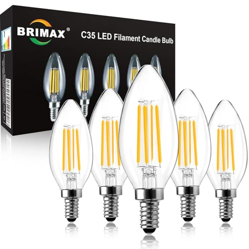 BRIMAX E14 Led Light Bulb Dimmable, 6W Warm White Candle Light Bulb,5Pack | 60W Equivalent,Save 90% Energy,SES Small Edison Screw,C35 Vintage Filament Light Bulbs for Ceiling Lights and Chandelier