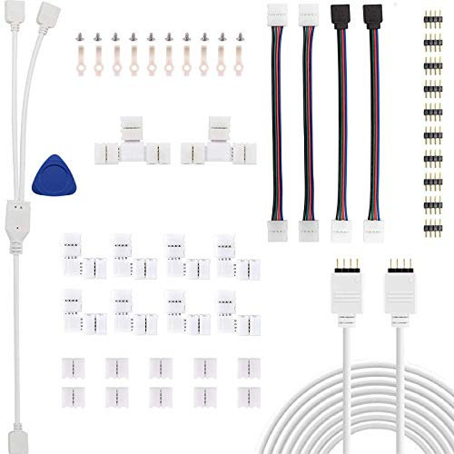 Kundorf LED Strip Verbinder und Verlängerung - Eckverbinder, Selbstklebender Clip, RGB-Verteilerkabel, 4-Poliger Stecker, Feste Klammer Mit Schraube für 10mm 4-Polig RGB LED Streifen