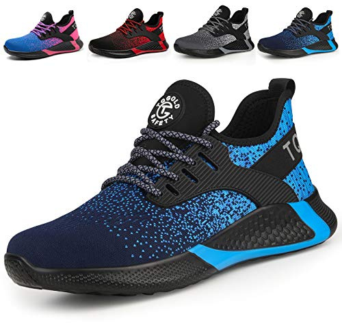 AONETiger Säkerhetsskor män kvinnor lätta arbetsskor stålhätta sportiga skyddsskor andas halkfria skor sneakers, 8195 blå, 44 EU