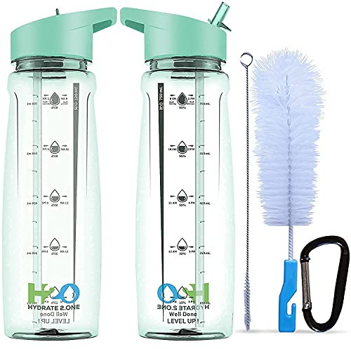 Water Bottle with Straw - Leakproof Adult Plastic Bottle - Motivational Time Markings To Drink - BPA Free Sports Drinks Bottle for Gym, Men Women Kids - Reusable Drinking Bottle 750ml (Mint Green)