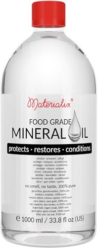 Huile minérale de qualité alimentaire Materialix - convient pour le bois, le bambou, la pierre, l'ardoise, les cosmétiques, les baumes, les crèmes, les lotions, les soins capillaires. 1000ml.