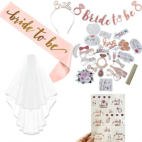 Frauen Junggesellinnenabschied Accessoires, 28PCS Bride to Be Schärpe und Schleier,Brautstirnband-Tiara mit Alle Gadgets Sind für Spontane Streiche und Selfies mit der Braut