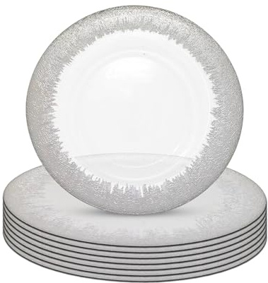 Trimming Shop Lot de 12 assiettes en verre avec bord argenté - 33 cm - Élégantes assiettes de présentation pour banquets, mariages, fêtes et événements - Décoratives