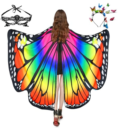Schmetterling Kostüm Damen Flügel Schmetterlingsflügel Erwachsene Mädchen Faschingskostüme Damen Umhang Verkleidung Schmetterlings Kostüm Zubehör 3 Set mit Schmetterling Haarreif Gesichtsmaske