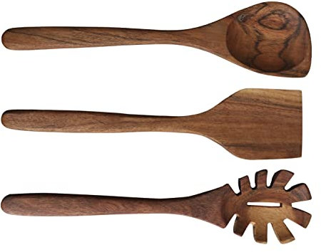 Laon Lot de 3 ustensiles de cuisine en bois d'acacia - Cuillère de service - Cuillère à mélanger - Cuillère à spaghetti - H1,5 x 31 x 7,5 cm - Naturel