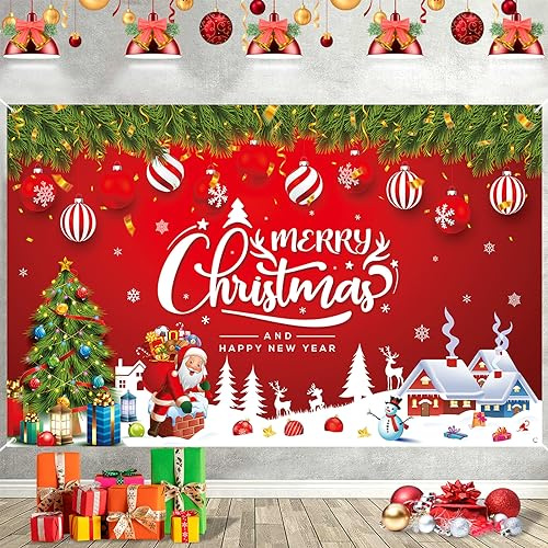 Banner de Navidad Rojo Grande - Feliz Navidad y Año Nuevo - Cartel Exterior para Porche, Pared Colgante - Decoración de Fiesta, 185 x 110