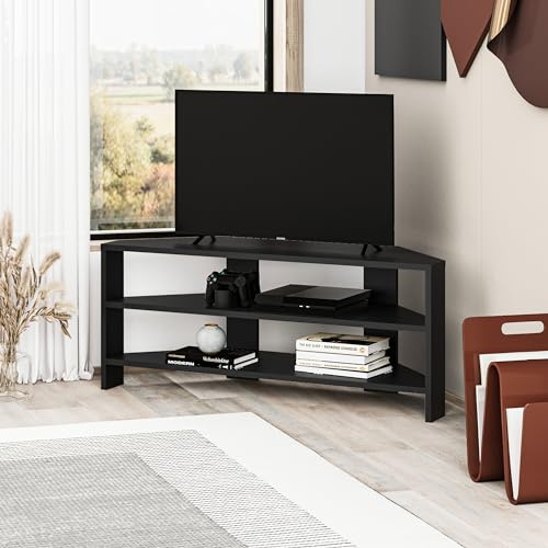 HOCUS PICUS Corner TV Unit with 2 Open Shelves, Rounded-edge Modern Design, TV Stand 32 TVs, Compact TV Media Console for Living Room & Office, Easy Assembly (Black)