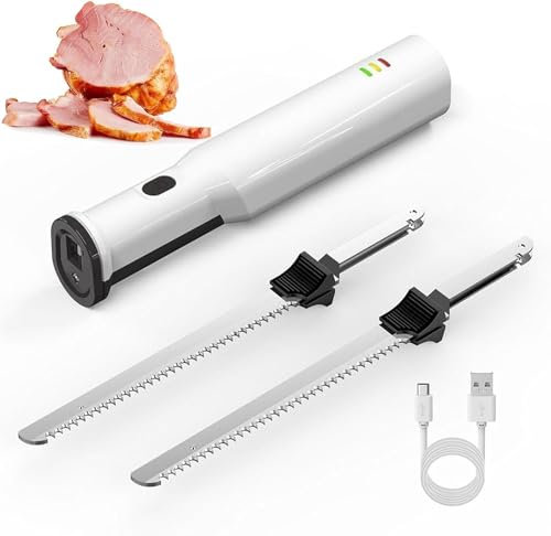 Cuchillo de Tallado Eléctrico Cuchillo de Pan, Cuchillo Eléctrico Inalámbrico con 2 Cuchillas Dentadas de Acero Inoxidable para Tallar Pan, Aves de Corral